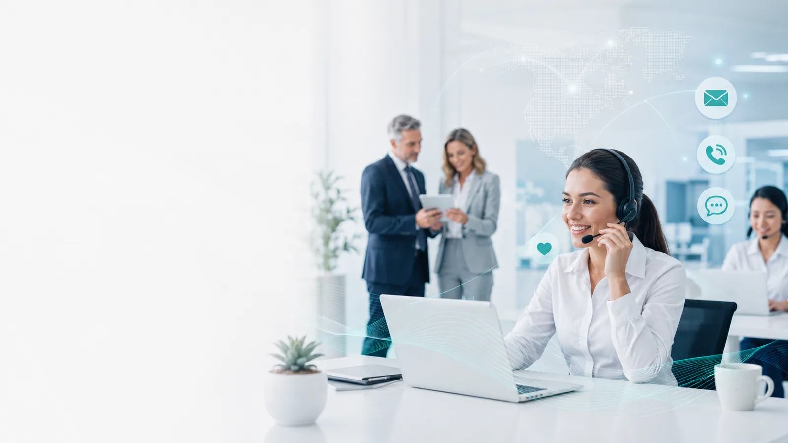Healthcare support professional assisting MED NEXUZ readers and business partners through digital contact channels