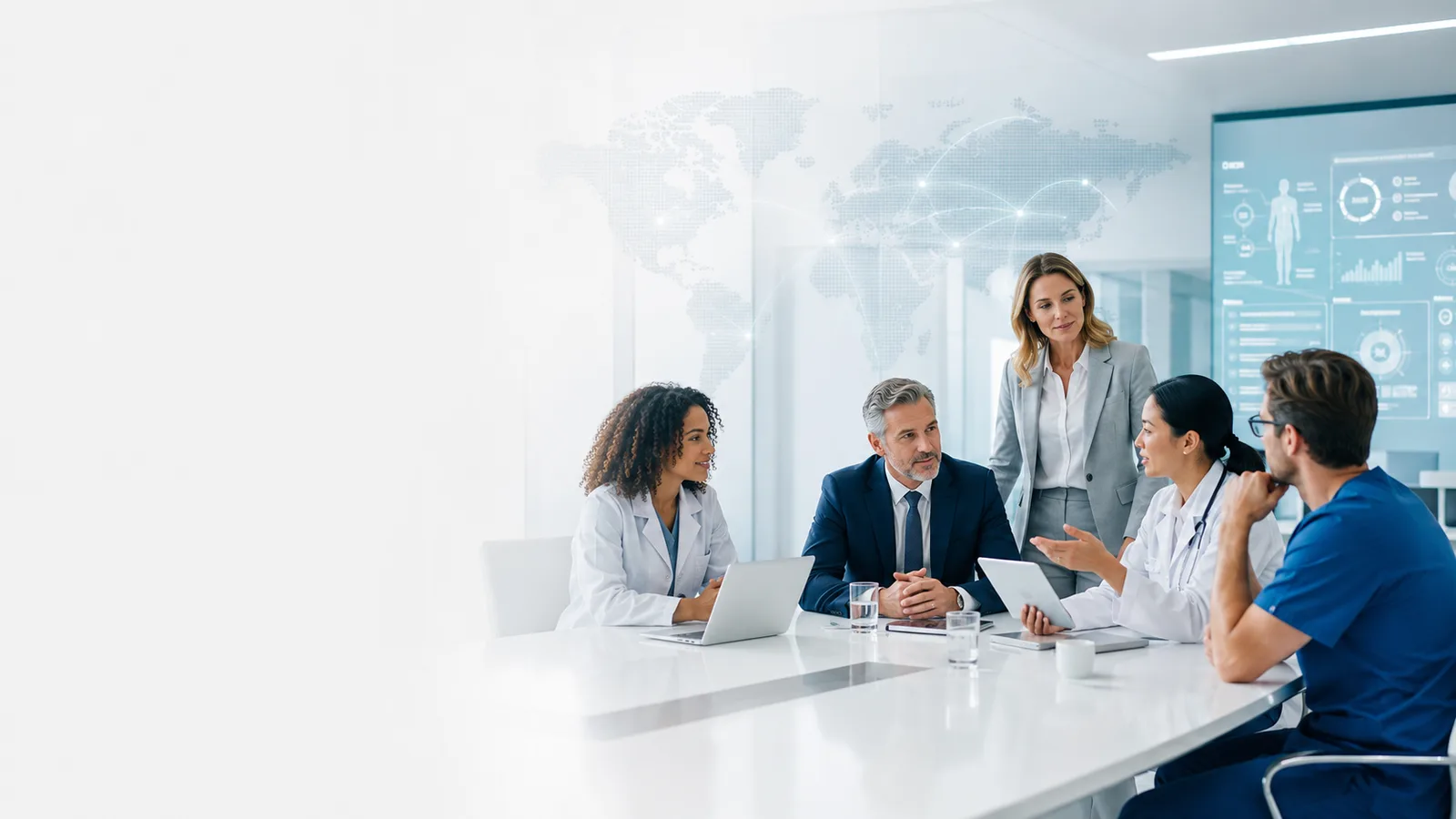Healthcare executives and clinicians discussing global digital health intelligence in a modern meeting room