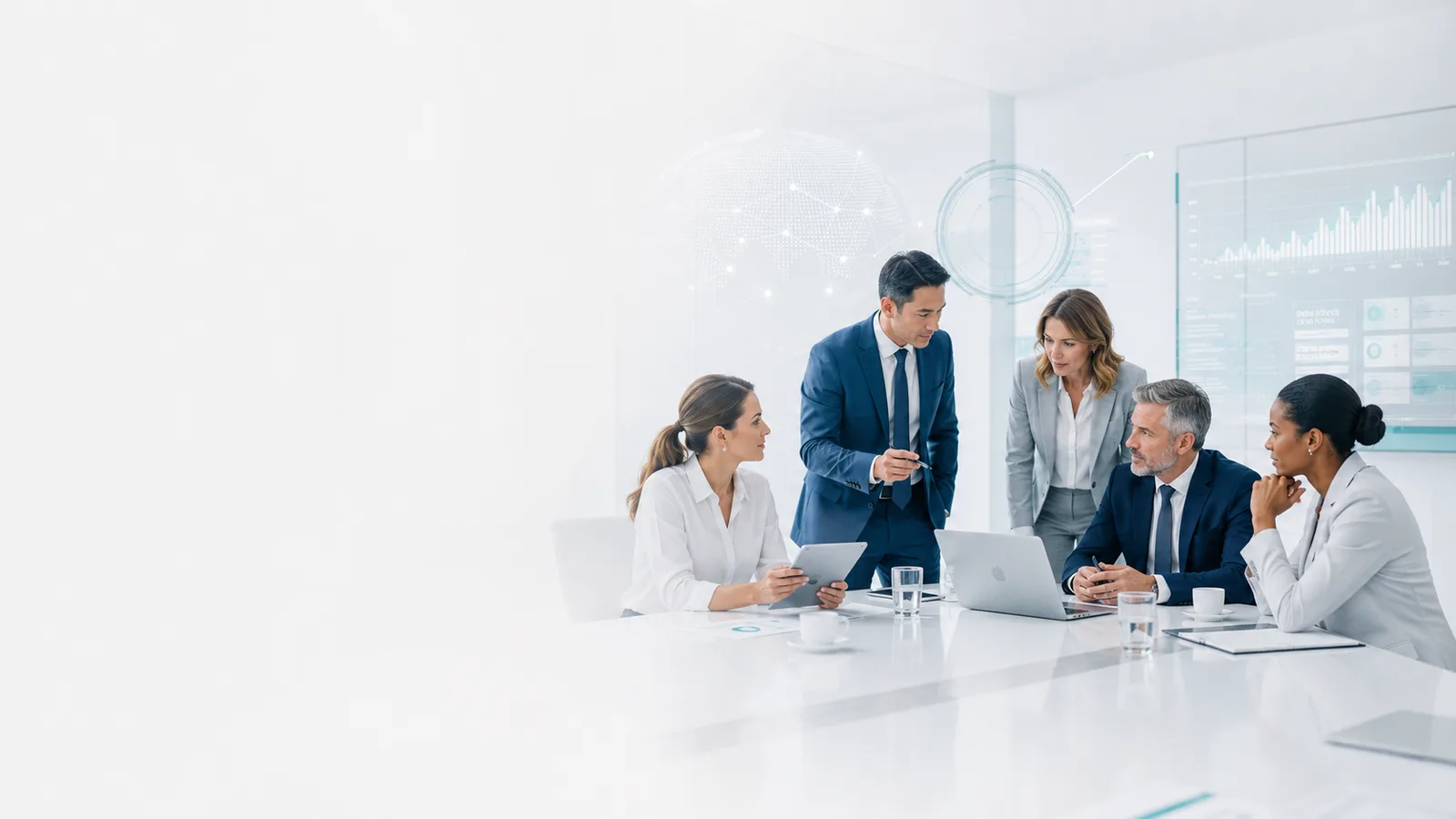 Healthcare executives and clinical leaders reviewing digital analytics and strategy dashboards
