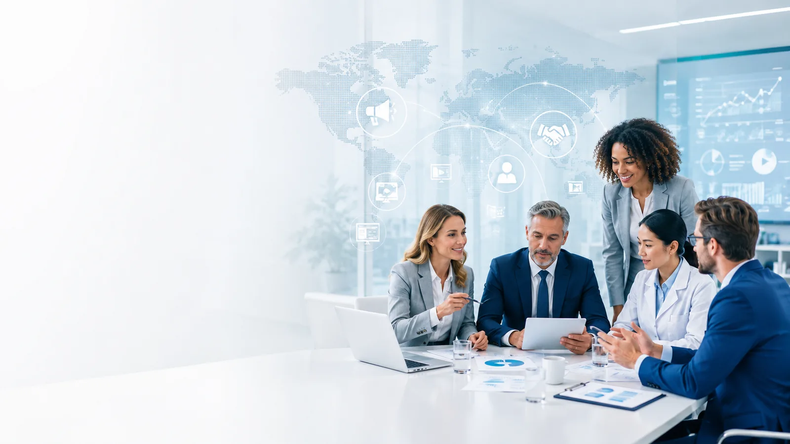 Healthcare leaders collaborating around research, digital resources and global knowledge connections