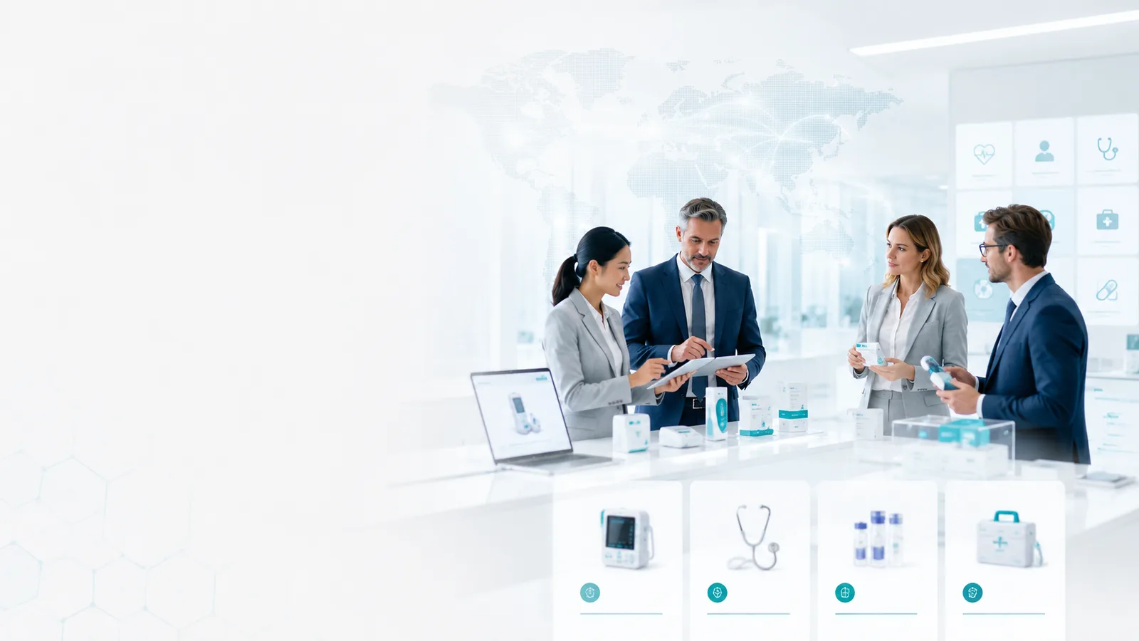 Healthcare technology buyers reviewing medical devices, digital platforms and solution categories