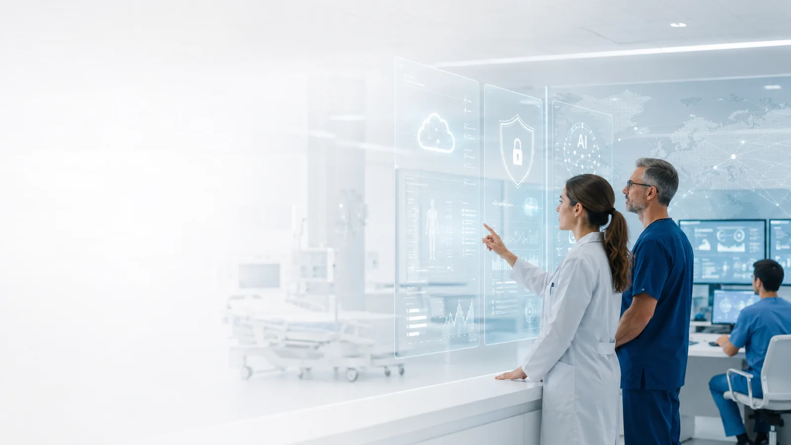 Clinicians using a futuristic hospital command centre with AI, cybersecurity and health-data dashboards