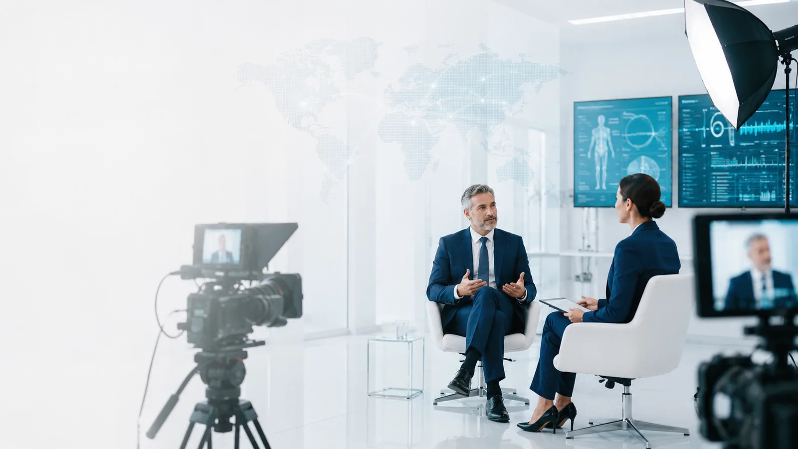 Professional healthcare executive interview recorded in a modern digital media studio